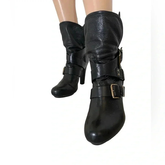 DKNYC Sandra Heeled Boot Black 9.5 Women’s Biker Moto Buckle Stack Heel Leather - Picture 2 of 10